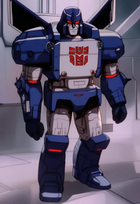 score_9, score_8_up, score_7_up, animation, transformers, 1boy, robot, Decepticon, Tall, bulky, Seeker, glowing eyes, red eyes, large eyes, circular eyes, Black armor, Forard swept wings, transforms into futuristic Stelth Mig Fighter Jet, full body, cowboy shot, smiling, holding null ray blasters, Decepticon Symbol