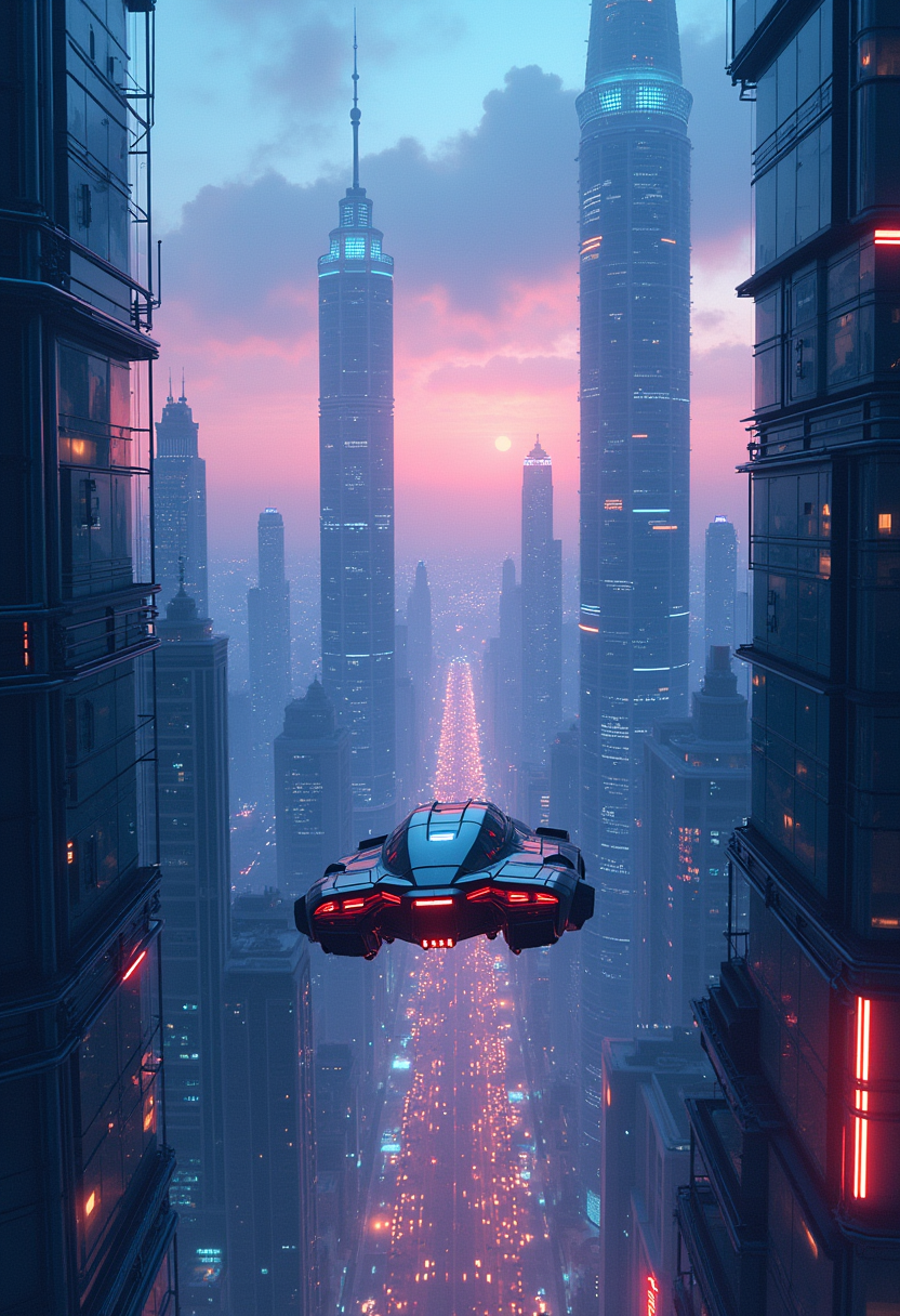 A detailed illustration of a futuristic cityscape, towering skyscrapers with neon lights, a flying car in the foreground, wide aerial view. The background features a sprawling metropolis under a twilight sky. Soft blue and pink hues dominate the scene, with glowing lights reflecting off sleek surfaces. Created Using: cyberpunk art style, digital painting, wide-angle lens, high-contrast lighting, fine line work, dynamic composition, cinematic framing, intricate textures