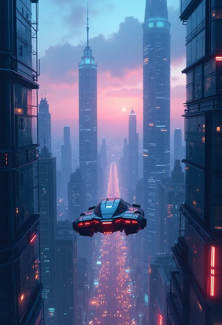 A detailed illustration of a futuristic cityscape, towering skyscrapers with neon lights, a flying car in the foreground, wide aerial view. The background features a sprawling metropolis under a twilight sky. Soft blue and pink hues dominate the scene, with glowing lights reflecting off sleek surfaces. Created Using: cyberpunk art style, digital painting, wide-angle lens, high-contrast lighting, fine line work, dynamic composition, cinematic framing, intricate textures
