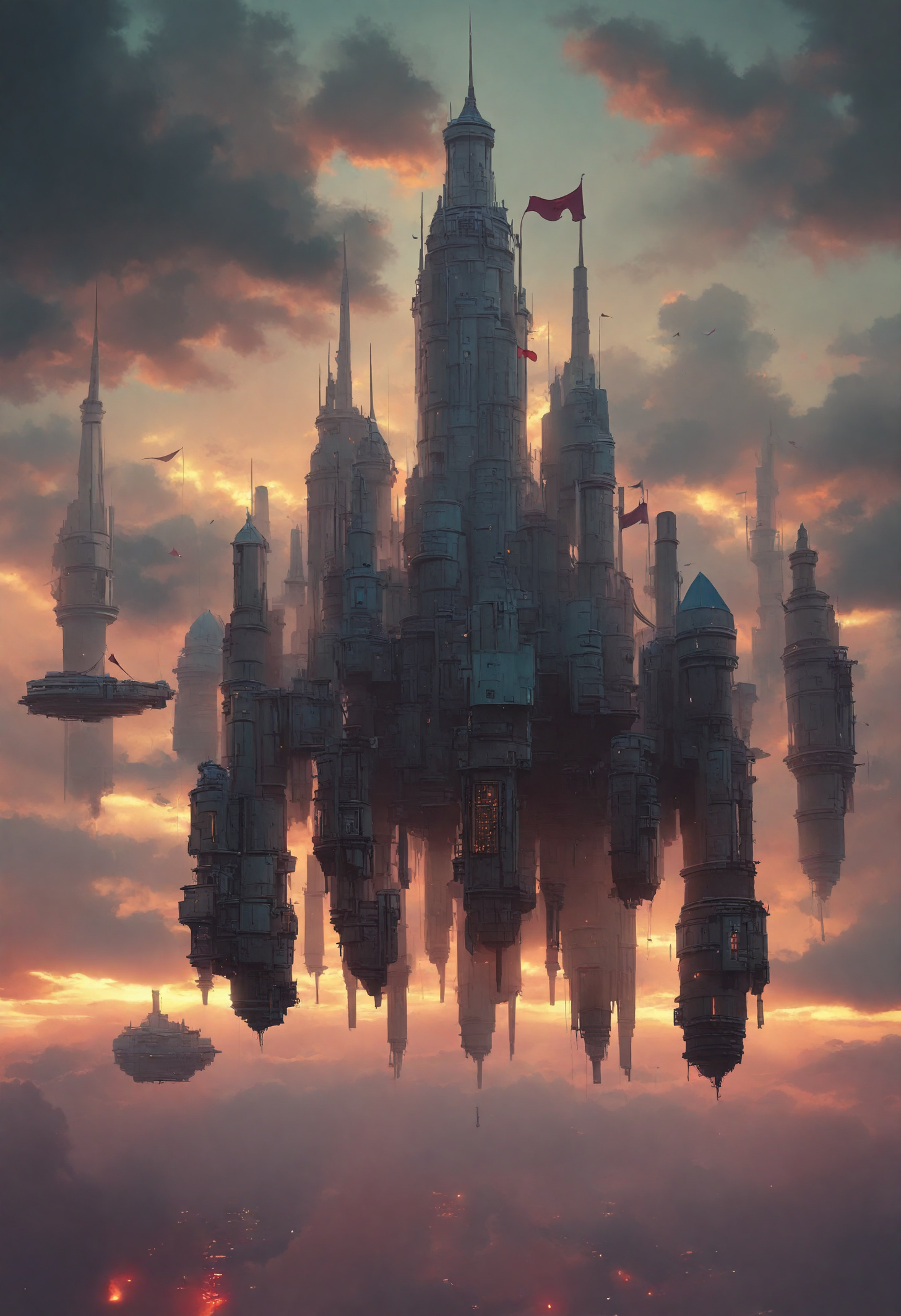 photo, cloud_city, floating_city, towers,battlements,flags,dark clouds, stormy atmosphere,and misty atmosphere,during a vibrant and warm colorful sunset with hues of orange,pink,and purple, dramatic clouds,highly detailed,realistic,cinematic,