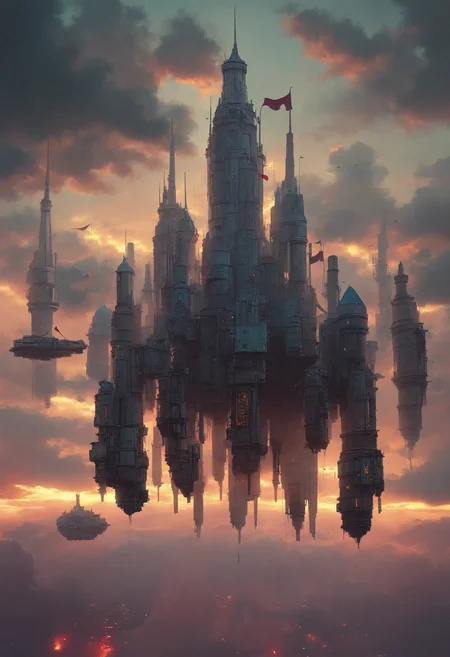 photo, cloud_city, floating_city, towers,battlements,flags,dark clouds, stormy atmosphere,and misty atmosphere,during a vibrant and warm colorful sunset with hues of orange,pink,and purple, dramatic clouds,highly detailed,realistic,cinematic,