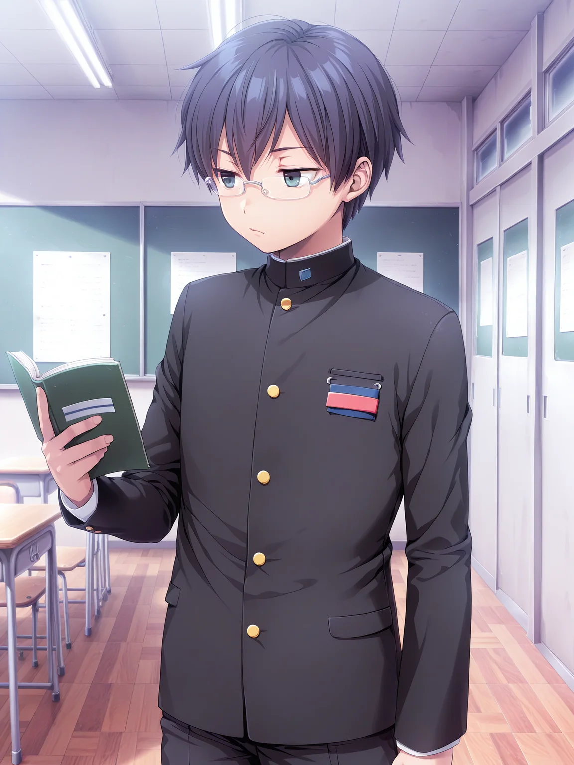 <lora:spo_sdxl_10ep_4k-data_lora_webui:0.5>, <lora:ShigeCoPa3XL:1> ShigeCoPa, 1boy, school uniform, gakuran, badge, glasses, short hair, <lora:cfg_scale_boost:0.5> solo, black pants, school, classroom, holding book, bored, cowboy shot,