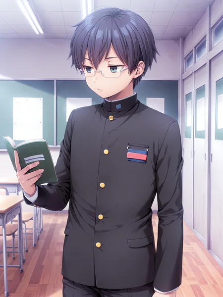 <lora:spo_sdxl_10ep_4k-data_lora_webui:0.5>, <lora:ShigeCoPa3XL:1> ShigeCoPa, 1boy, school uniform, gakuran, badge, glasses, short hair, <lora:cfg_scale_boost:0.5> solo, black pants, school, classroom, holding book, bored, cowboy shot,