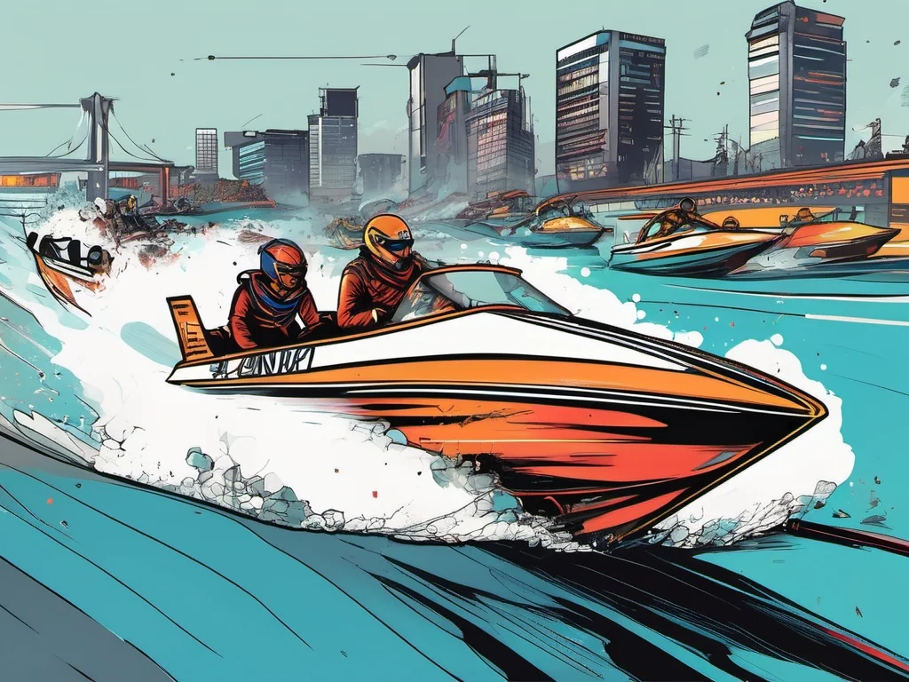 inkpunk style IPXColor illustration of a speed boat race <lora:IPXL_v2:0.45>