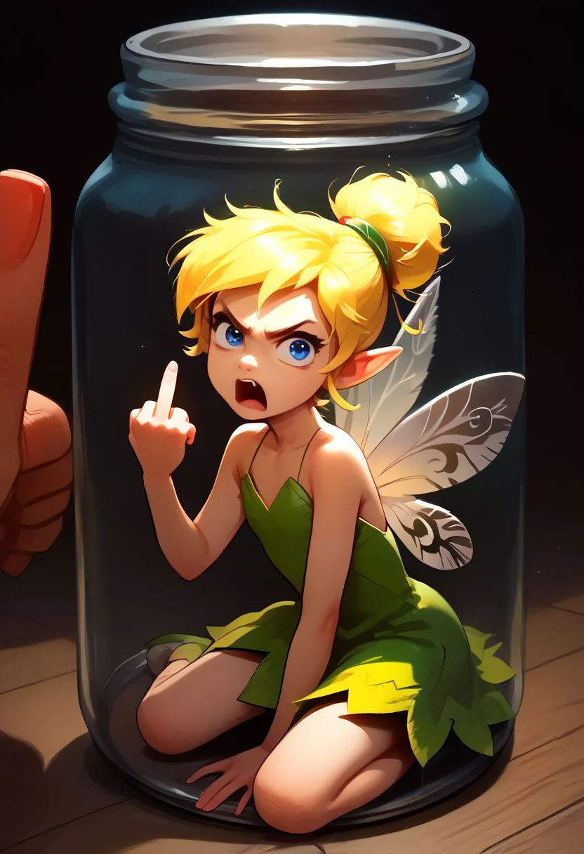 score_9, score_8_up, score_7_up, source_anime, (1girl, solo), looking at viewer,
(kneeling, in a jar, table, angry, open mouth, close up,) (mini person),
TinkerWaifu, fairy wings, blue eyes, green dress, sexy, hair bun, (middle_finger)