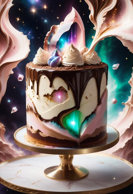 a tiramisu cake in a longglass with melted chocolate,stardust mist and cocoa powder, detailed with light pink aura quartz by jed-auraquartz