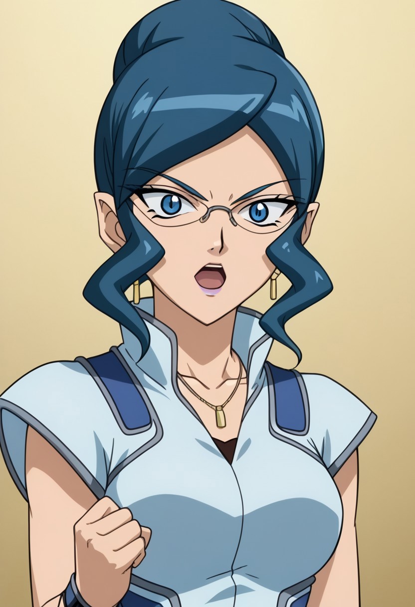 score 9, score 8 up, score 7 up, bakugan, bakugan gundalian invaders, lena isis, 1girl, solo, jewelry, glasses, open mouth, blue hair, earrings, blue eyes, necklace, parody, upper body, clenched hand, makeup, single hair bun, looking at viewer, Large breasts