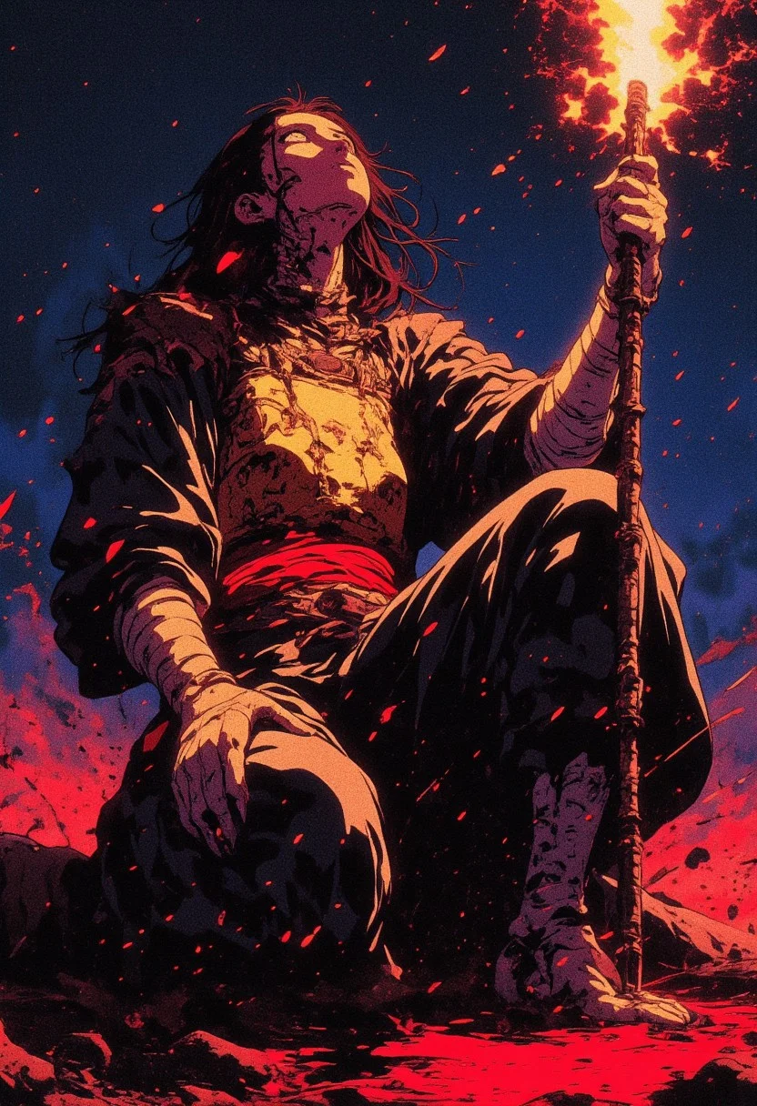 fantasy stylised illustration, anime style, dark scene illuminated only by the torch in hand, cinematic composition, full body shot, close up, dynamic pose, perfect composition, red glowing particles flying, covered in shadows shinobi in a dark clothes, feudal Japanese background, (kneeling in the dirt, mud, touching the ground with her hand) (holding torch in other hand), midnight, starry skies, baggy clothes moving on the wind, intricate shadows on the clothes, bright glowing gold pauldron striped through the whole body, huge glowing red waist, long cloth gloves, white bandages on hands, looking up, exhausted expression, stature is agile and very graceful, woman, incredible, style of Edwin Austin Abbey, ne0nfant4sy,