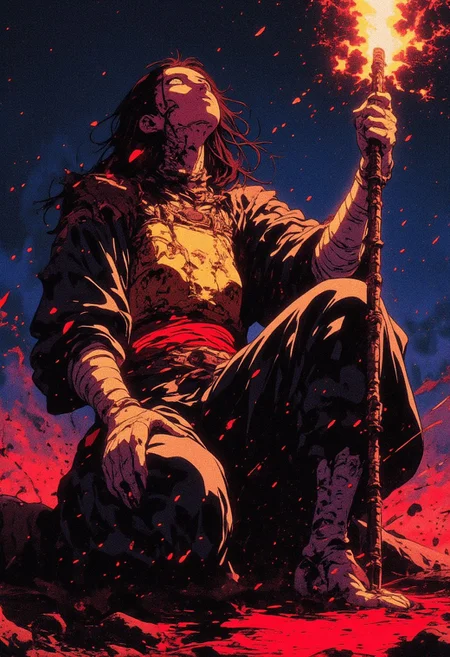 fantasy stylised illustration, anime style, dark scene illuminated only by the torch in hand, cinematic composition, full body shot, close up, dynamic pose, perfect composition, red glowing particles flying, covered in shadows shinobi in a dark clothes, feudal Japanese background, (kneeling in the dirt, mud, touching the ground with her hand) (holding torch in other hand), midnight, starry skies, baggy clothes moving on the wind, intricate shadows on the clothes, bright glowing gold pauldron striped through the whole body, huge glowing red waist, long cloth gloves, white bandages on hands, looking up, exhausted expression, stature is agile and very graceful, woman, incredible, style of Edwin Austin Abbey, ne0nfant4sy,
