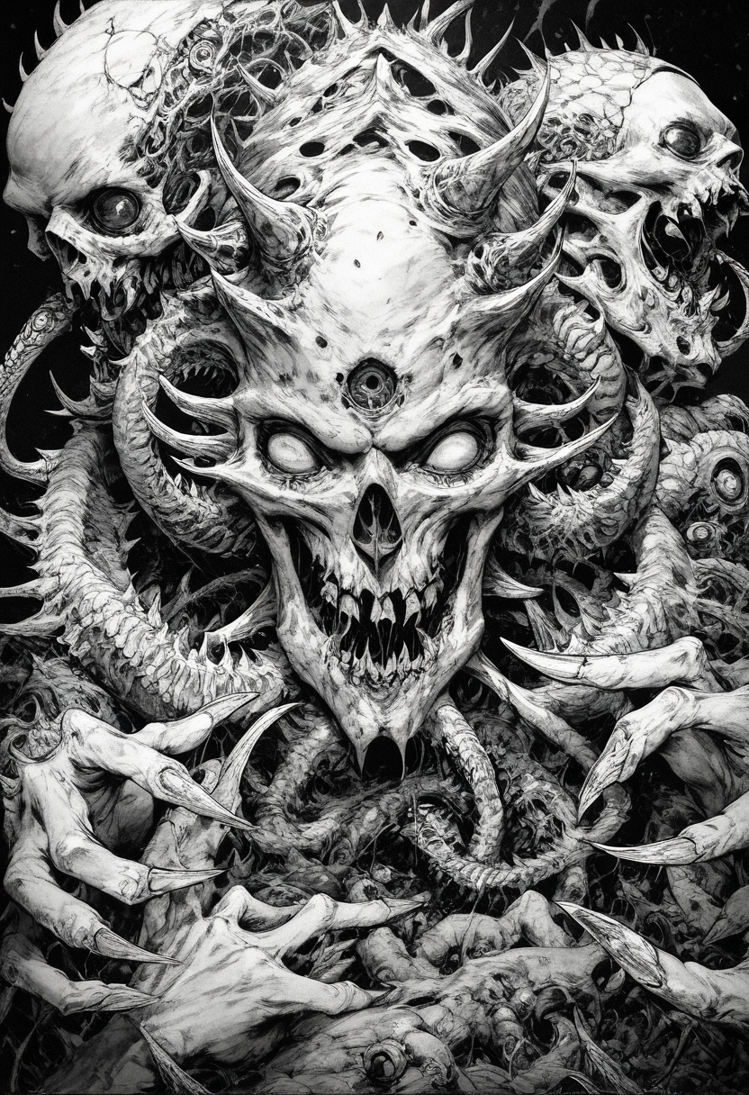 (score_9, score_8_up), score_7_up, zPDXL, open mouth, monochrome, greyscale, teeth, no humans, claws, monster, horror (theme), eldritch abomination <lora:GRIM_v1:0.9>