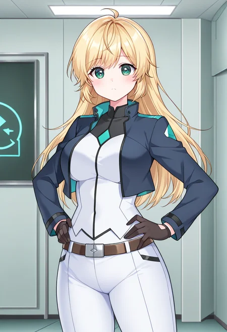 cbuniform, uniform, black cropped jacket, long sleeves, two-tone shirt, belt, white pants, two-tone pants, black gloves, 1girl, solo, magicalangelfairyprincess, blonde hair, green eyes, long hair, straight hair, hair down, ahoge, green eyes, indoors, control room, futuristic, hands on hips, standing, cowboy shot