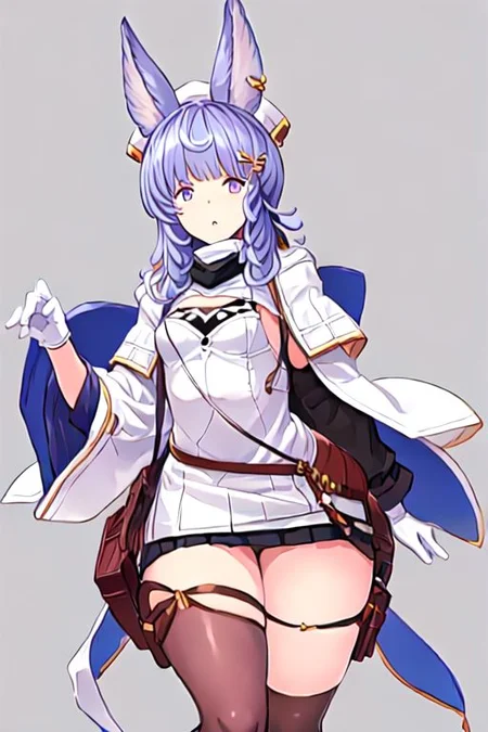 tikohdef, hair ornament, black thighhighs, white gloves, white headwear, white dress, cleavage, white panties, long sleeves