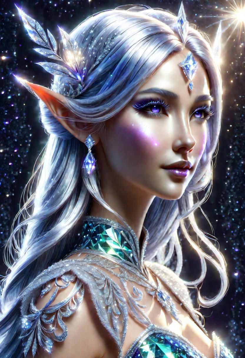 portrait of an epoch elf,  wearing a ((fairy dress, crystalline dress)), she has long glittery silver hair, perfect elven face, symmetrical eyes, fine details best quality, hyperdetailed face, photorealistic, highest quality, best shadow, highly detailed. photography, professional, 4k, 8k HD, professional, purple colors, blue light, blue atmosphere