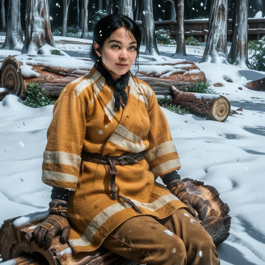 realistic, best quality, score 9, matsu_got, 1girl, black hair, winter robe, belt, gloves, pants, sitting, log, snow, snowing,