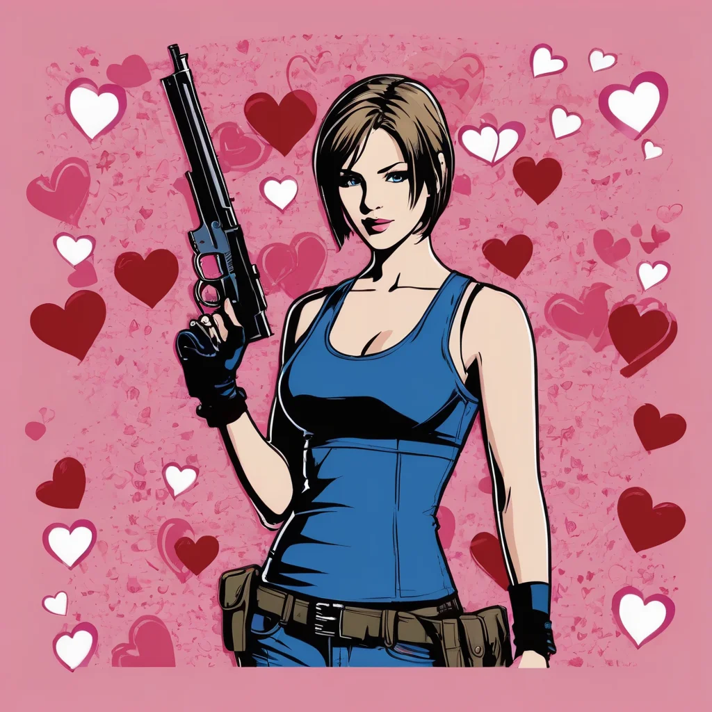 valentines cards, simple pink background, Jill Valentine, re4, text reads "I'll be your Valentine", hearts, blue tank top, resident evil 4, holding gun