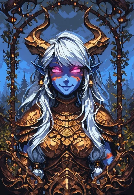 score_9, score_8_up, score_7_up, pixel art, H3style classic art, hyper-detailed, pixel art, 1girl, portrait, beautiful, tiefling shaman, white hair, (long hair:1.3), side bangs, horns, barbarian, gladiator, war paint, tribal markings, long tail, blue skin, pink eyes, glowing eyes, (smug:0.85), medium breast dramatic lights