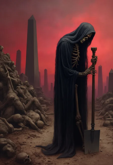 impressionist painting of the grim reaper depicted as a skeleton wearing a long black cloak, seen in a standing position with one of their skeletal hand on their lower back as if in pain. The other hand is holding a shovel planted in the ground of the barren dirt next to a freshly dug grave. There is a huge pile of bodies on the side reaching out of frame and the background is filled with tall obelisks and stelea reaching high up. The sky is red and pink and the light ominous conveying an eerie atmosphere. Dramatic artwork depicting the reaper's burden. "You bury what you reap"