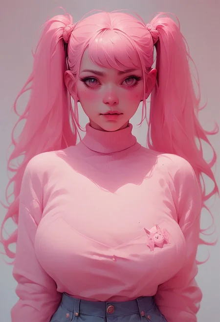 score_9, score_8_up, score_7_up,
c0l0r1f1c4t10np1nk,ColorificationPink,Colorification Pink,
1girl, big breasts, twintails,
