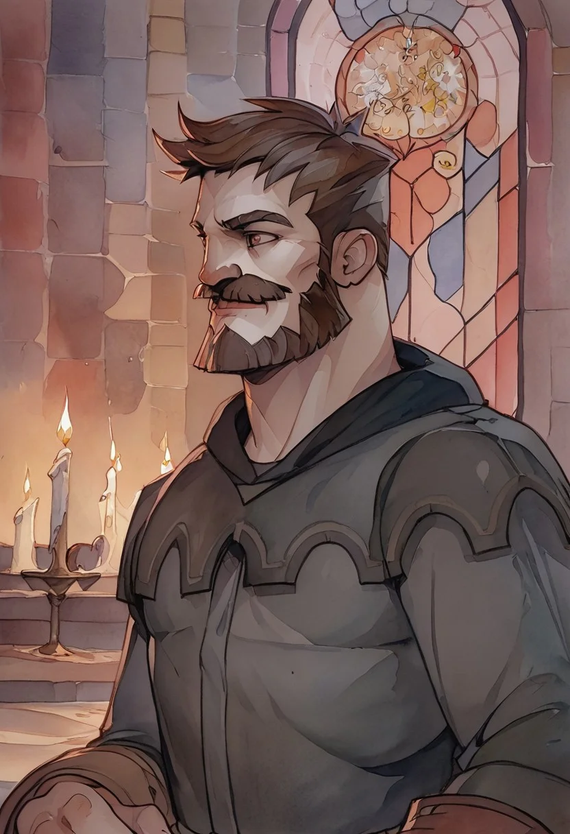 score_9, score_8_up, Persival, mustache, facial hair, brown eyes, cotehardie, upper body, muscular, (tomb, candles), small stained glass, watercolor \(medium\), traditional media, looking ahead,, smirk, smile,
