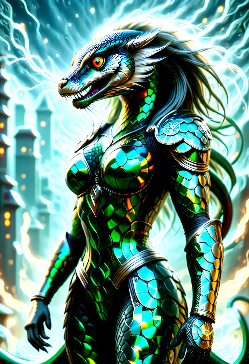 A formidable warrior cyborg with battle scars and marks of past villainy, now overlaid with symbols of heroism and snakes, representing rebirth and transformation.  embodying both a superhero and a redeemed former villain, exuding an aura of power and redemption.   Standing heroically amidst a stormy battlefield, with lightning illuminating the fractal designs on the scale armor (made from Compact Discs). The character, adorned with intricately designed armor that features a hybrid of Damascus steel and fractal art patterns, stands poised for battle. The armor's fractal designs shimmer with mystical energy, merging beautifully with the Damascus steel’s distinctive water-like patterns. His/her piercing snake-like eyes reflect an intense and focused determination. Snakes are an integral part of his/her design, with serpent tattoos coiling around muscular arms and legs, and snake motifs etched into the armor and weaponry. A massive, fractal-designed sword or staff with Damascus steel accents adds to the character's menacing and heroic presence. The overall image is ultra-high definition, with sharp focus on the intricate details, natural lighting, and realistic textures, ensuring the art is neither anime nor comic book style.