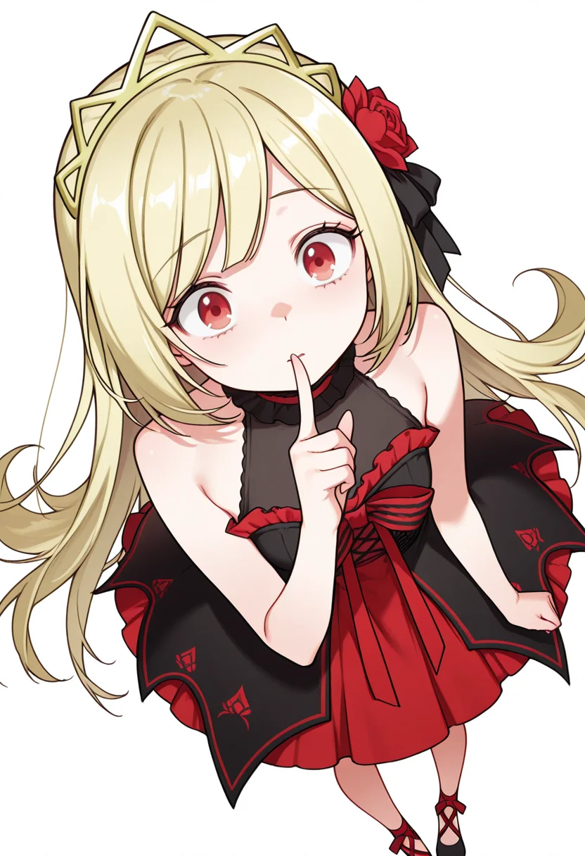 Smooth Quality,masterpiece,very intricate, high quality details, ultra realistic, high detailed skin,detailed enviorement,absurdres,
index finger raised,
 <lora:Ecute_CNR:0.8> ecute_cnr, 1girl, blonde hair, very long hair, red eyes, bare shoulders, black dress, sleeveless dress,  gothic fashion,tiara, hair flower,black footwear,, simple background, white background, from above,solo,, horrified,