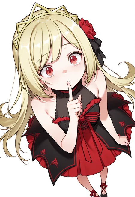 Smooth Quality,masterpiece,very intricate, high quality details, ultra realistic, high detailed skin,detailed enviorement,absurdres,
index finger raised,
<lora:Ecute_CNR:0.8> ecute_cnr, 1girl, blonde hair, very long hair, red eyes, bare shoulders, black dress, sleeveless dress, gothic fashion,tiara, hair flower,black footwear,, simple background, white background, from above,solo,, horrified,