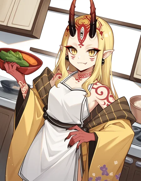 score_9, score_8_up, score_7_up, source_anime, <lora:fgo-ibaraki-douji-ponyxl-lora-nochekaiser:1>, ibaraki douji, blonde hair, facial mark, fang, forehead, horns, long hair, oni, oni horns, pointy ears, yellow eyes,, earrings, japanese clothes, jewelry, kimono, leg tattoo, neck tattoo, oni, oni horns, shoulder tattoo, tattoo, yellow kimono,, kitchen, cooking, apron, cutting vegetables, home cooking, smile, , arm in a sling, solo,, cowboy shot, dutch angle
