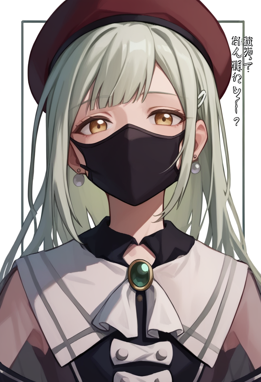 score_9,score_8_up,score_7_up,<lora:wakaba_mutsumi_tomori_pony_v1:1>,earrings, simple_background, looking_at_viewer, black_capelet, mouth_mask, white_background, black_mask, white_ascot, commentary, highres, solo, upper_body, 1girl, long_sleeves, see-through_sleeves, wakaba_mutsumi, dated, green_brooch, white_shirt, red_hat, translated