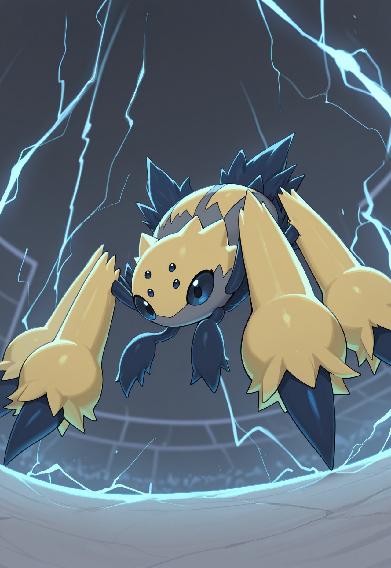 masterpiece, best quality, newest, PKMN_Galvantula,  1other, solo, yellow body fur, no mouth, multiple legs, multicolored fur, Shinygalvantula, dark blue eyes, dark blue legs, dark blue fur, dark blue claws, grey body markings, alternate color, electricity, angry, arena, from below, perspective