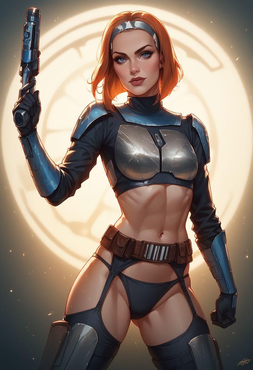 score_9, score_8_up, score_7_up, western cartoon, Expressiveh, volumetric lighting, dramatic lighting, g0thicPXL, fFaceDetail, ultra detailed, beautiful face, beautiful eyes, Bo-Katan Kryze, star wars, (small breasts:1.5), (skimpy armor), (sexy pose:1.5), (looking at viewer:1.5), (sci fi city), (blue ambient lighting), (panties), (thigh highs), (boots), (fight stance:1.5), (confident expression:1.5)