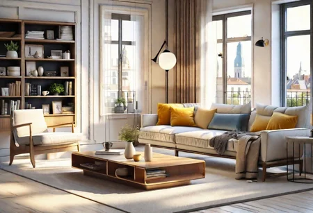 ((front view)), ((animation style)), modern-style interior, with white walls, (large windows), Nordic-style furniture, a  study, Sofa, coffee table, bookcase, single wall, 
warm light morning sun, (the view of the city)