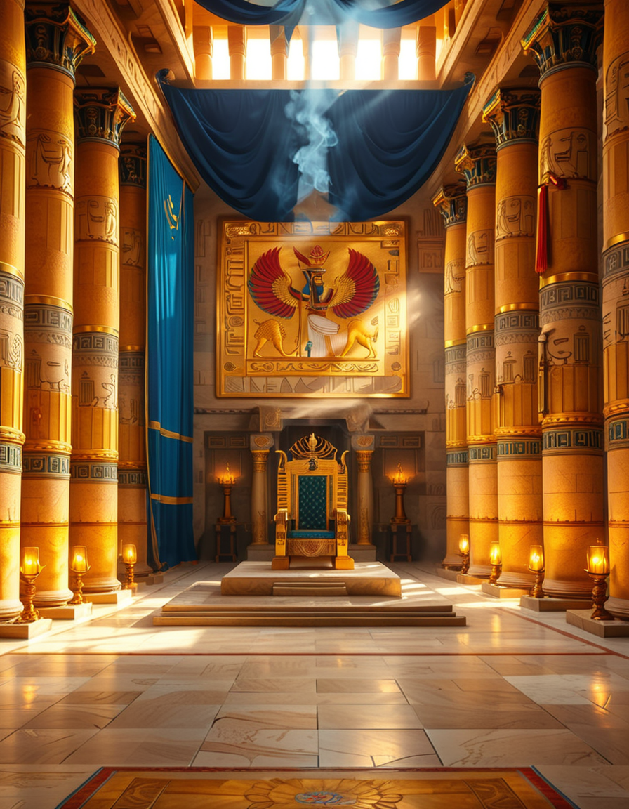 A grand and majestic ancient Egyptian throne room, illuminated by the warm glow of oil lamps and torches mounted on the intricately carved sandstone walls. The room is vast, with towering columns adorned with gold-inlaid hieroglyphs and bas-reliefs depicting gods such as Ra, Osiris, and Anubis, as well as scenes of royal ceremonies and offerings. The walls are covered with colorful frescoes, painted in deep shades of blue, red, and gold, telling the stories of ancient pharaohs and their divine rule.
At the center of the hall, an ornate golden throne rests atop a raised stone platform, accessible by a few steps. The throne is adorned with intricate carvings of winged sun disks, sacred cobras, and falcon motifs, symbolizing power and divine protection. The seat and backrest are encrusted with lapis lazuli, turquoise, and carnelian, creating a striking contrast against the polished gold. Two large stone statues of sphinxes flank the throne, their watchful eyes seeming to guard the empty seat of power.
The polished limestone floor reflects the flickering golden light of the torches, creating an almost mystical atmosphere. Large braziers shaped like lotus flowers release thin trails of fragrant incense smoke, adding to the sacred and mysterious ambiance of the room.
In the background, massive stone doors, partially open, reveal a glimpse of an open courtyard with palm trees and a distant view of the Nile River under a twilight sky. Through the high ceilings, small openings allow beams of moonlight to filter in, casting soft silver highlights across the chamber, blending with the warm tones of the torchlight.
The atmosphere is one of silence, mystery, and timeless majesty, as if the room has been left untouched for centuries, awaiting the return of a forgotten ruler.
<lora:SDXLFaeTastic2400:0.4> <lora:extremely_detailed:0.4> extremely detailed, <lora:ancient_Egyptian_thr0n3_r00m:1>,ancient Egyptian thr0n3 r00m, Masterpiece,best quality,hi res,8k,hi res,8k,award winning,(sharp focus, intricate, highly detailed),