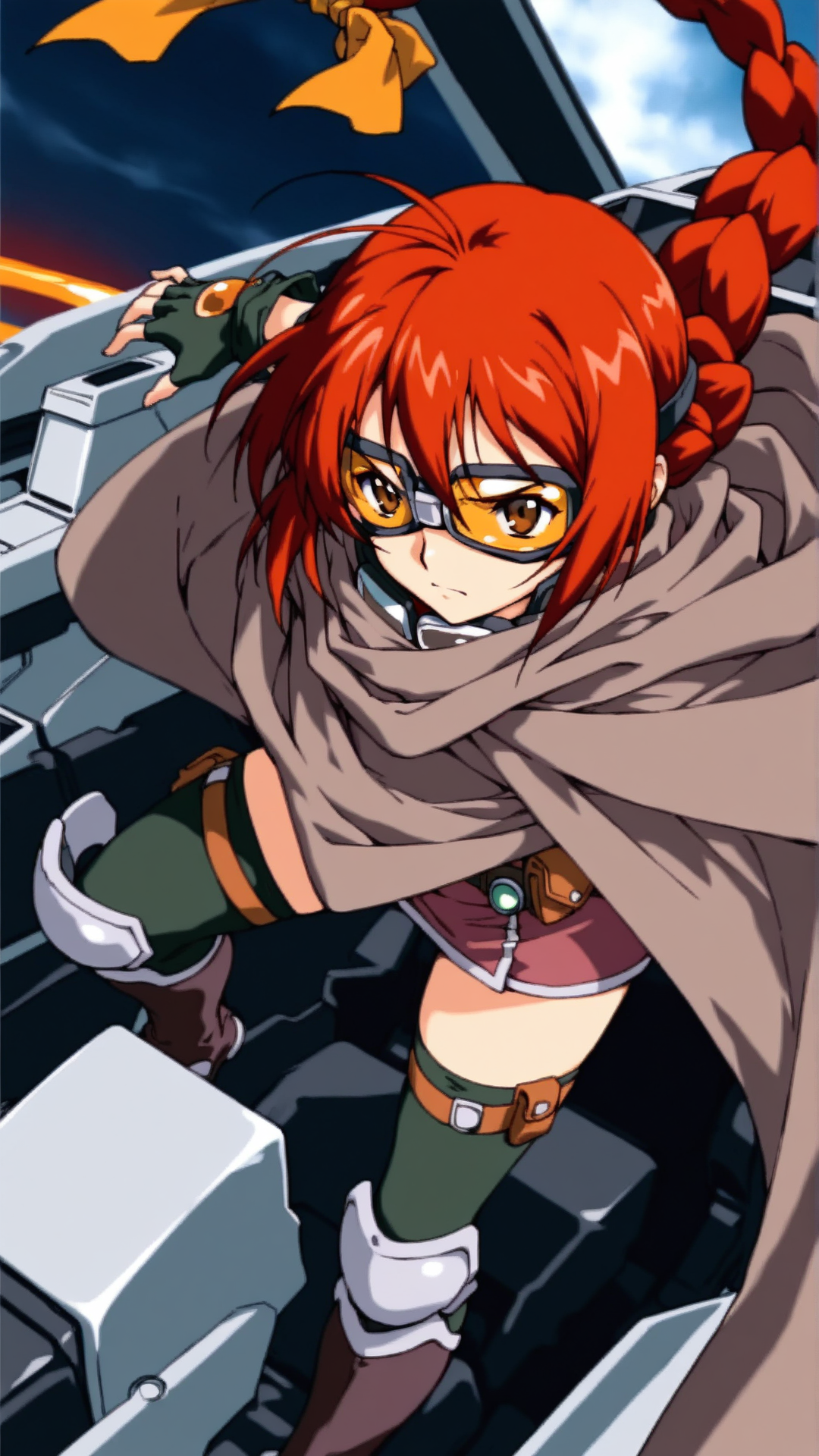 source_anime, general, best quality, masterpiece, 1girl,  <lora:honey_B_ill:1> honey_b\(gbattle\),braid, red hair,long hair,single braid,brown eyes,cloak,goggles, fingerless gloves,hair ribbon, thighhighs, knee boots,serious, (angry:0.7), dynamic pose, dutch angle, cockpit,