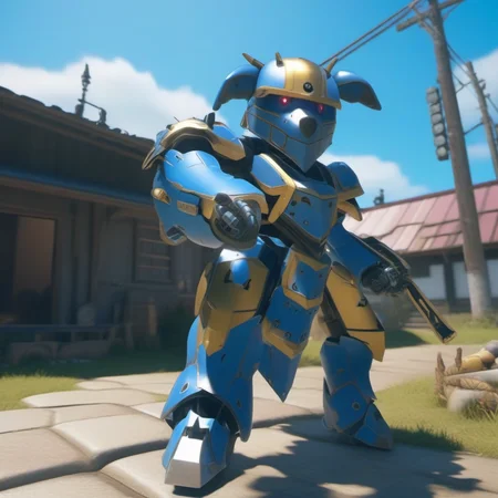 Ultra-realistic extremely detailed real life 8k masterpiece of a super sleek cool blue and gold dog mech exploring a village, epic background, extremely detailed eyes mouth and facial features, breathtaking epic lighting, cinematic composition, sakura wars style <lora:sakura wars style:1>