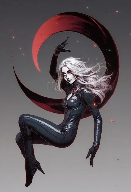 score_9, score_8_up, score_7_up, score_6_up, zy_moore, detailed drawing, 1girl, red eyes, black background, 1girl, dark, black bodysuit, suggestive pose, dynamic pose, moonlight, perfect female waist, halftone lighting, makeup, eyeliner, eyeshadow, mascara