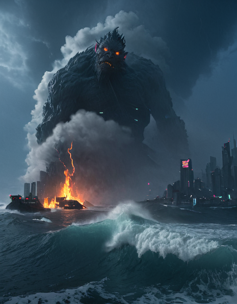 <lora:Space_Worlds_01__Poetic_xl:1.1> sw01p_xl, cyberpunk giant waves, lots of wind, fire storm, fire giant monster,