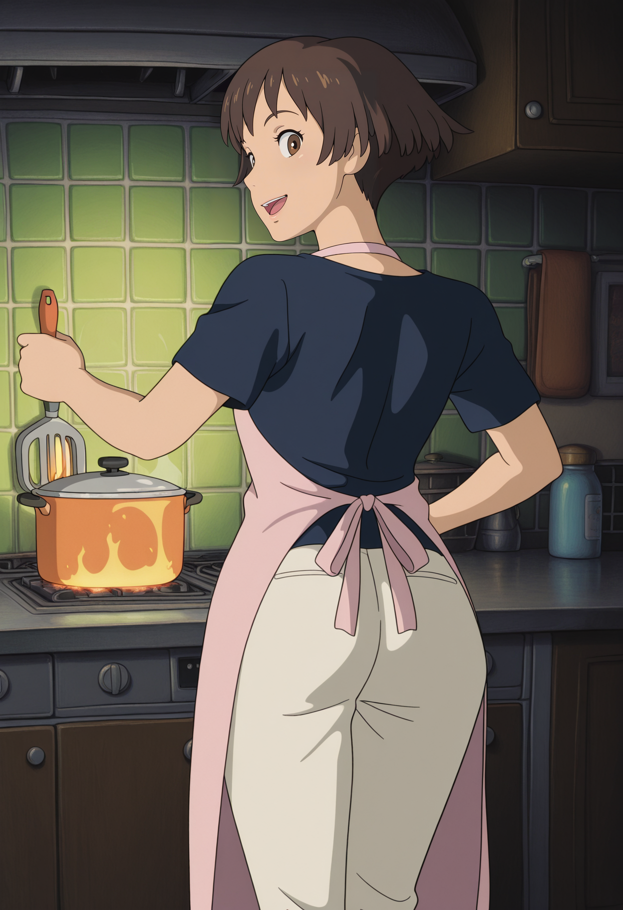 1girl,solo,mm,mature female,brown hair,short hair,brown eyes,anime coloring,
shirt,pants,apron,kitchen, from behind, looking back, open mouth, smile,looking at viewer, cooking, 
,masterpiece,best quality,amazing quality,<lora:Lisa-Gake_no_Ue_no_Ponyo:0.8>