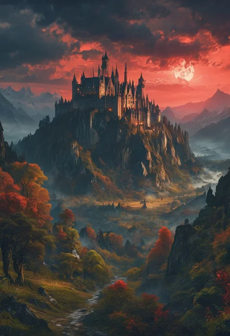 A captivating night scene illustration featuring a forboding and haunted castle on a great  great mountain. The castle and mountain are much like Neuschwanstein Castle in Bavaria.  This enchanting artwork captures a dark and ominous night, where an ominous red bloodmoon hangs above  over the  tree covered mountain range and castle which   stands resolute amidst the great mountains, creating a cinematic experience., illustration, cinematic
<lora:DonM3t3rn1tyXL-v1.1:0.7>, DonM3t3rn1tyXL,
OverallDetailXL  <lora:MJ52:0.3>  <lora:SDXLFaeTastic2400:0.4>  <lora:EpicF4nta5yXL:0.7>