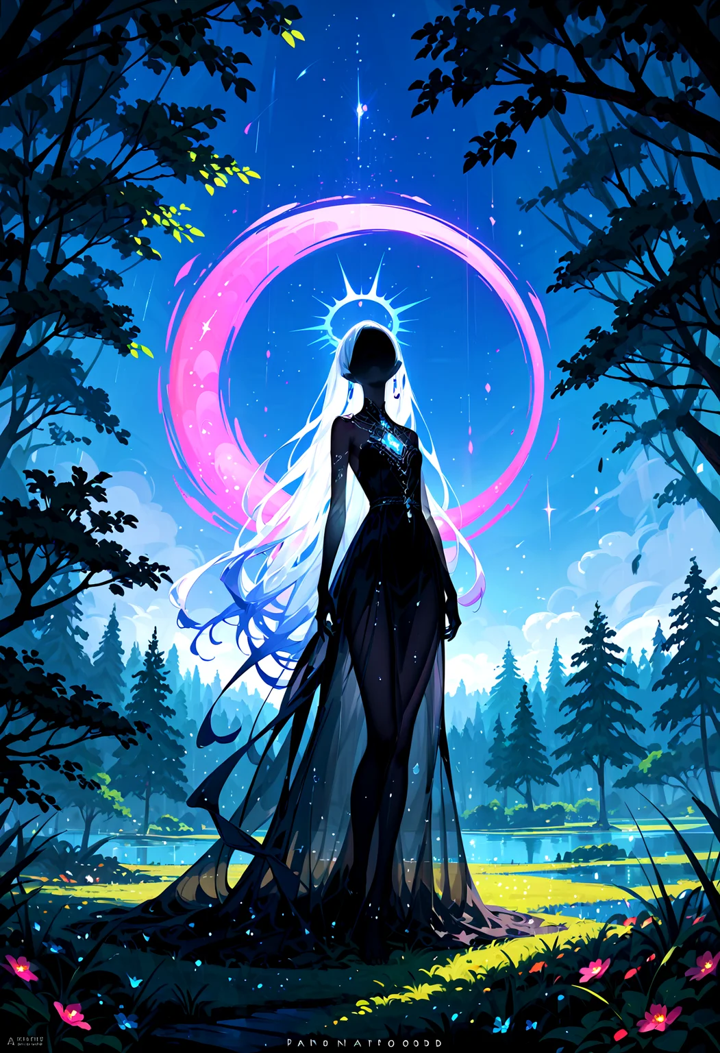 score_9, score_8_up, score_7_up, scenary of the finnish woods, dreamy, bioluminescence, night, translucent silhouette, light particles, phantom, ghostly, 1girl, see-through body, ephemeral, ethereal, mysterious, arcane, very long hair, pinup