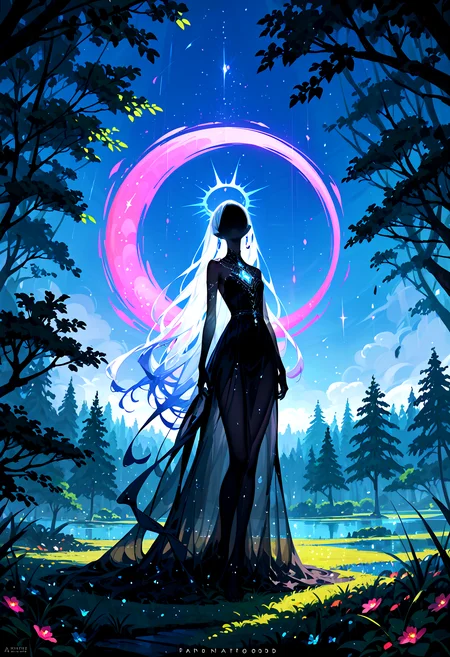 score_9, score_8_up, score_7_up, scenary of the finnish woods, dreamy, bioluminescence, night, translucent silhouette, light particles, phantom, ghostly, 1girl, see-through body, ephemeral, ethereal, mysterious, arcane, very long hair, pinup