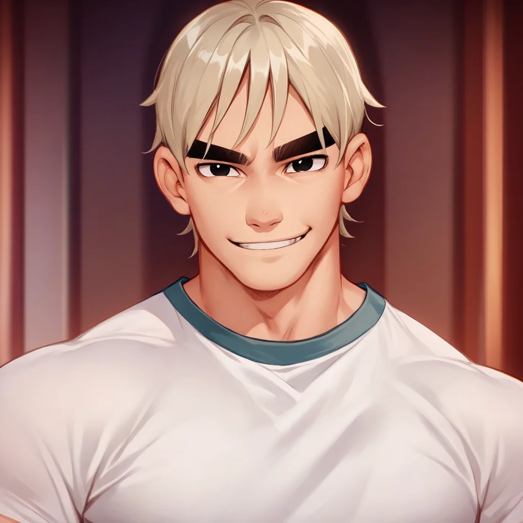 Score_9, score_8_up, score_7_up, score_6_up, score_5_up, score_4_up, source_anime, Todd-Ingrim, black eyes, blond hair, smiling, white shirt, short hair , thick eyebrows, muscular body, upper body focus, looking at viewer,