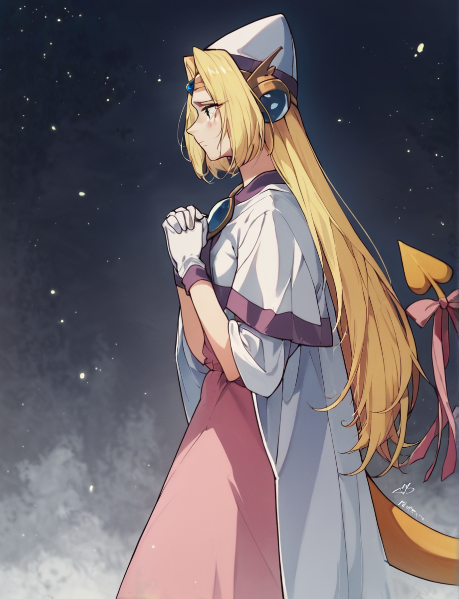 score_9_up, score_8_up, score_7_up, score_6_up, (source_anime),  filiauc, 1girl,   long hair,  solo , <lora:FiliaUC-000012:.85> , hair ornament, circlet,  cone hat, sad, from side, clasped hands, pink dress, white cloak, tail, tail ribbon, dark, night, black fog, yellow aura, yellow glow, gloves,