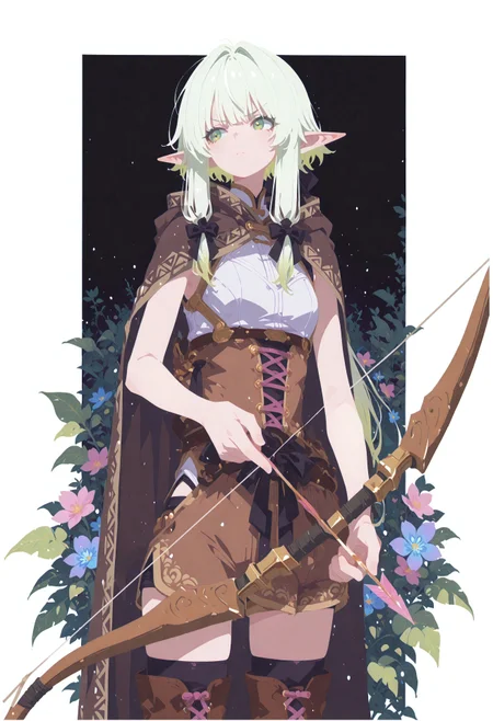 masterpiece, best quality, good quality, newest, highres, absurdres, 1girl, solo, highelfarcher, <lora:high-elf-archer-s2-ponyxl-lora-nochekaiser:1> high elf archer, long hair, green eyes, bow, hair bow, black bow, sidelocks, brown cloak, green hair, pointy ears, elf, thighhighs, boots, shorts, white sleeveless, bare arms, thigh boots, brown footwear, brown shorts ,closed mouth, upper body, looking to the side, gradient hair, leaf, pink flower, blue flower, Ethereal Brushstroke, borders, white borders, out of border Flat vector illustration, ((holding bow in hand)), bow and arrow, angry expression, aiming arrow, bow and arrow in foreground, perfect bow string, straight bwo string h4ra_illu, momosp <lora:illustriousXL_stabilizer_v1.23:0.3> <lora:NOOB_vp1_detailer_by_volnovik_v1:0.3> <lora:ponyv6_noobE11_2_adamW-000017:0.45> <lora:Illustrious:0.15> <lora:XXX667:0.75> <lora:checkpoint-e18_s306:1.3> <lora:hara_id_21:0.85> <lora:MomoSweetSpaceILL:0.8>