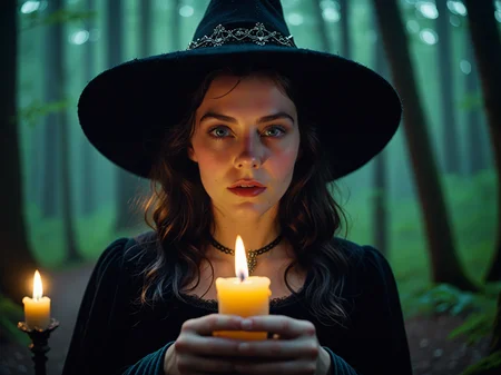 this Technicolor filmstill was shot with a 35mm Arriflex camera and an Angenieux 25-250mm f/3.2 lens. it shows a breathtakingly cute 25-year-old witch immersed in a mystical ambiance at night. She exudes dark power and allure while holding a candle in a medieval forest. The witch captivates with her mesmerizing eyes and irresistible aura, creating a scene brimming with enchantment and mystery.