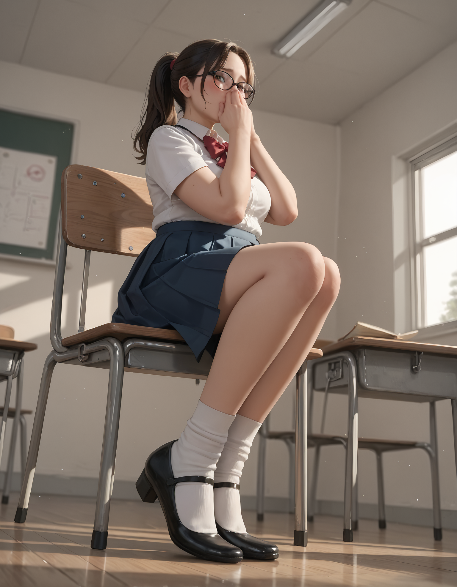 score_9, score_8_up, score_7_up, score_6_up, source_anime,
1girl,
chubby, mature,
school uniform,
(byf4r shoes), 
wide angle, from side, (low angle:1.2),,
full body, 
sitting on desk,
blushing, covering mouth, shy,
cute face, perfect face,  
looking at viewer,
classroom,
nerdy girl, glasses, ponytail, 
embedding:zPDXLxxx ,
embedding:zPDXLrl ,
embedding:zPDXL2 ,