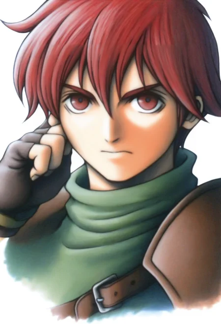 masterpiece, best quality, solo, 1boy, looking at viewer, <lora:FF7-Portraits-illus_Fp:1>, simple background, portrait, white background, <lora:Radd-illus_Fp:1>, radd, red hair, red eyes, short hair, green shirt, fingerless gloves, shoulder armor, belt