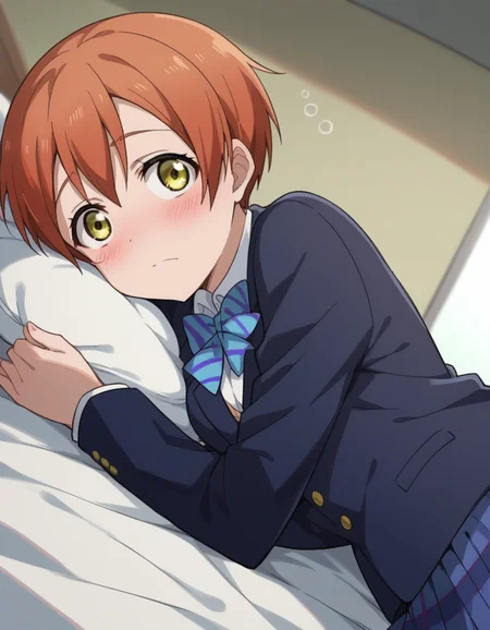 score_9, score_8_up, score_7_up, source_anime, <lora:rin-hoshizora-s1-ponyxl-lora-nochekaiser:1>, rin hoshizora, short hair, jacket, yellow eyes, orange hair, pixie cut,, skirt, school uniform, jacket, blazer, winter uniform, otonokizaka school uniform,, indoors, bed, bed room, on side, blush, drunk, looking at viewer, solo,, cowboy shot, dutch angle