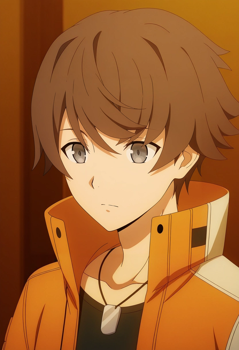 masterpiece, best quality, intricate details, anime screencap, anime coloring, official style,, 1boy, solo, male focus, <lora:kanata_synduality_noir_ilxl:1>, kanata_synduality_noir, brown hair, grey eyes, short hair, , , orange jacket, ,