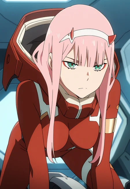 anime screencap, masterpiece, best quality,
<lora:DarlingInTheFranxx_ZeroTwo_IlluXL:0.9>,
1girl, solo, serious,
blunt bangs, long hair, pink hair, green eyes, red eyeshadow, red horns, white hairband,
red bodysuit, hood, armlet, white trim, skin tight,
all fours,
indoors, cockpit, science fiction, blurry background