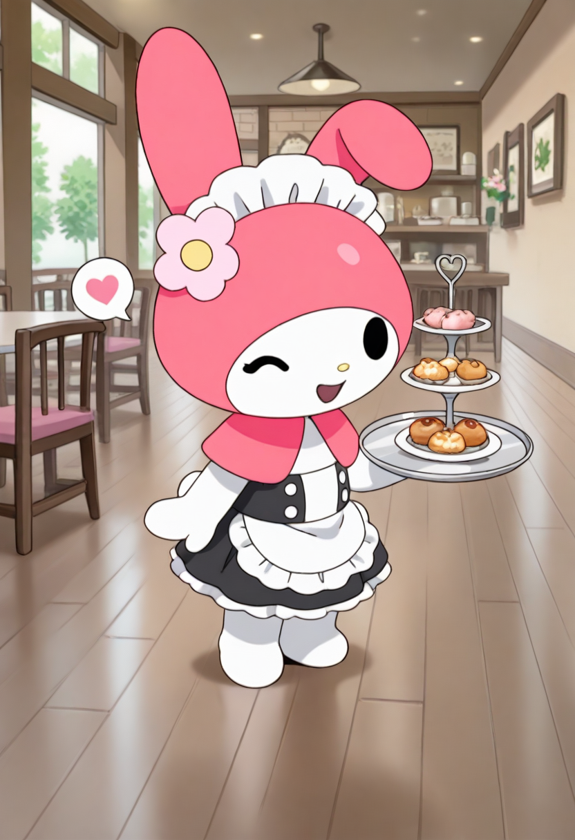 best quality, masterpiece, very aesthetic, mymelo, solo, flower, smile, open mouth, standing, looking at viewer, full body, pink flower, furry, pink capelet, solid oval eyes, black eyes, chibi, feral, maid outfit, maid headdress, tray, one eye closed, food, spoken heart, cafe, straight on